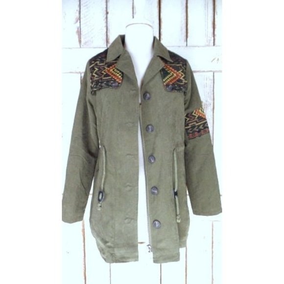 90s vintage army green tribal embroidered drawstring utility jacket - Picture 3 of 9
